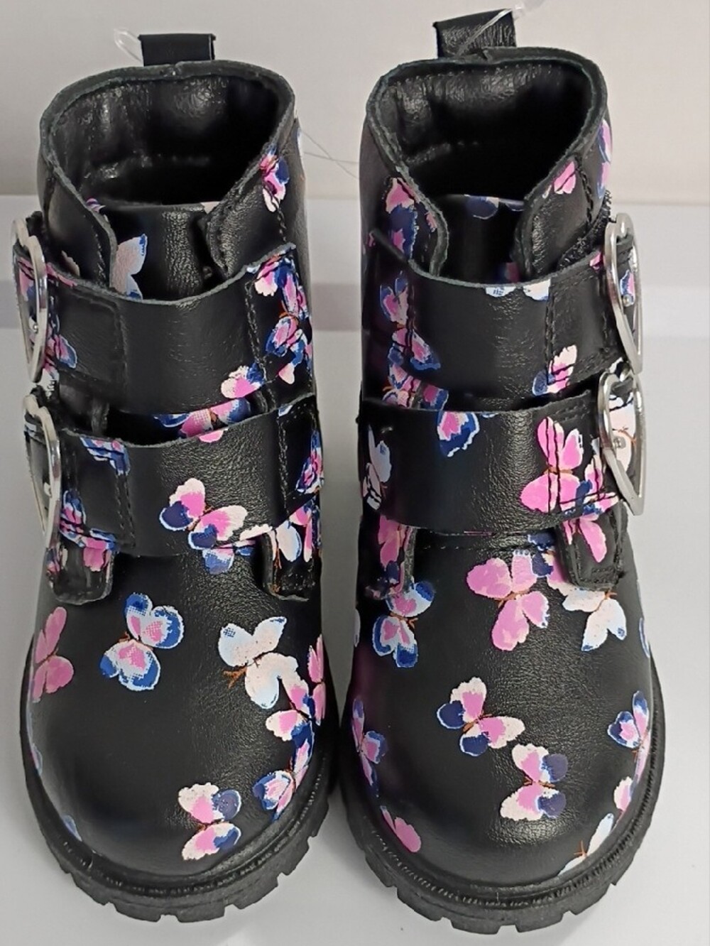 CARTER'S Black Ankle Boots with Heart-Buckles and Pink & Blue Butterflies SIZE 7 - Picture 6 of 8
